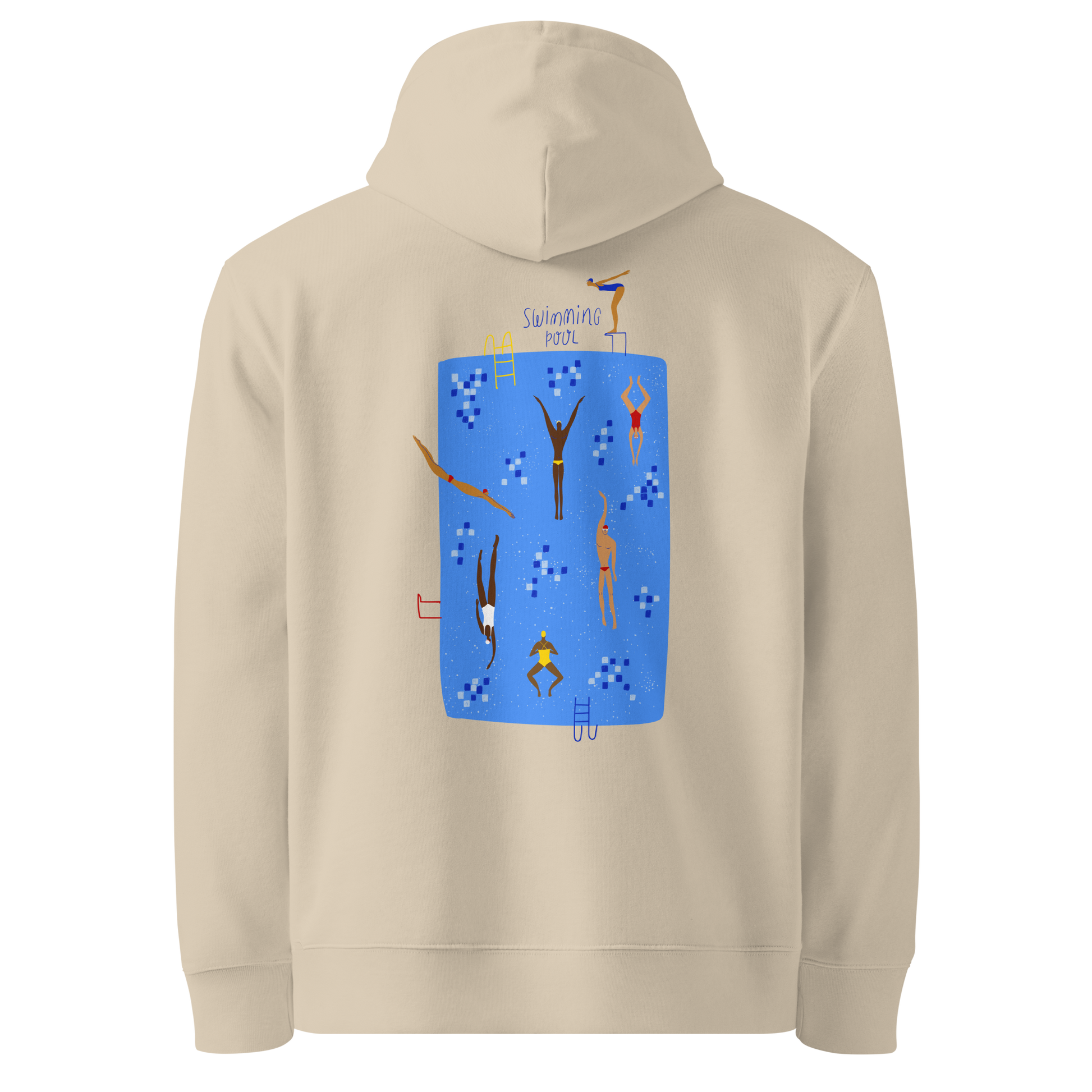 Organic hoodie beige Lane Line Threads sweatshirt with blue swimming pool graphic and illustrated swimmers on the back