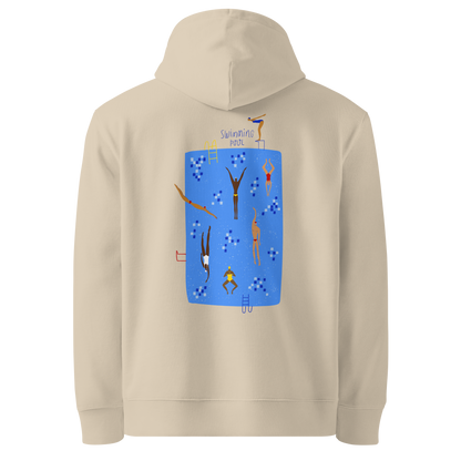 Organic hoodie beige Lane Line Threads sweatshirt with blue swimming pool graphic and illustrated swimmers on the back