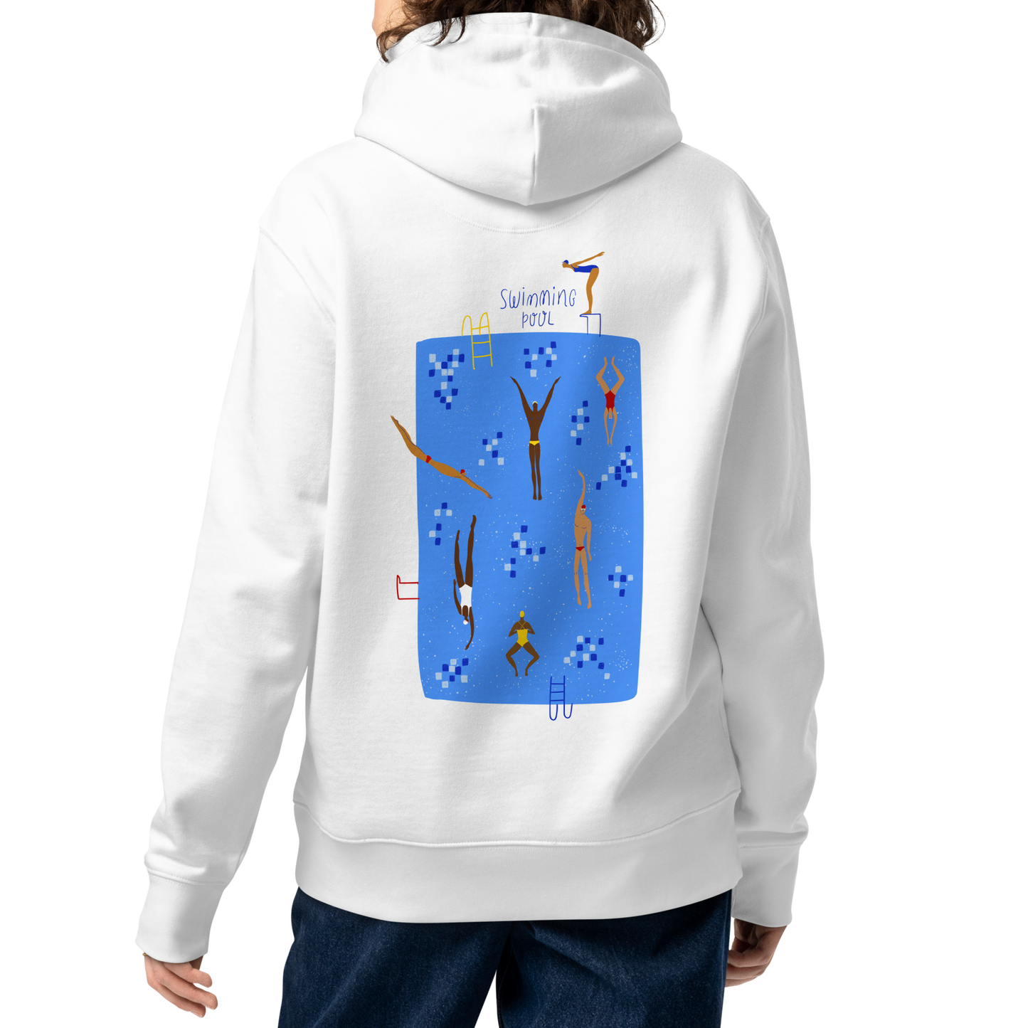 A female person shown from the back wearing an organic hoodie white Lane Line Threads sweatshirt with blue swimming pool graphic and illustrated swimmers on the back