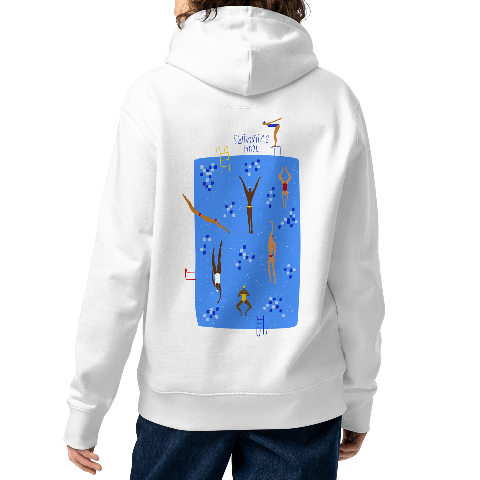 A female person shown from the back wearing an organic hoodie white Lane Line Threads sweatshirt with blue swimming pool graphic and illustrated swimmers on the back