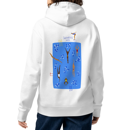 A female person shown from the back wearing an organic hoodie white Lane Line Threads sweatshirt with blue swimming pool graphic and illustrated swimmers on the back