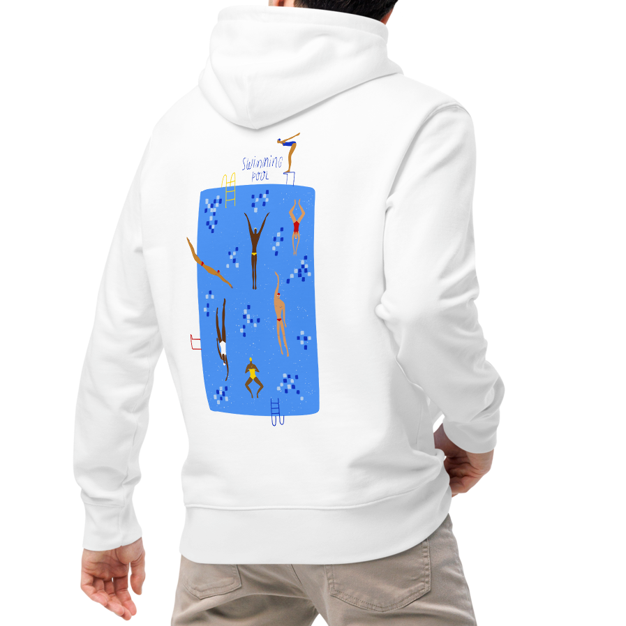 A man wearing an organic hoodie white Lane Line Threads sweatshirt with blue swimming pool graphic and illustrated swimmers on the back with beige pants and white sneakers, shown from a rear three-quarter view against a plain white background.