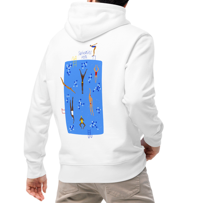 A man wearing an organic hoodie white Lane Line Threads sweatshirt with blue swimming pool graphic and illustrated swimmers on the back with beige pants and white sneakers, shown from a rear three-quarter view against a plain white background.