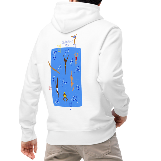 A man wearing an organic hoodie white Lane Line Threads sweatshirt with blue swimming pool graphic and illustrated swimmers on the back with beige pants and white sneakers, shown from a rear three-quarter view against a plain white background.