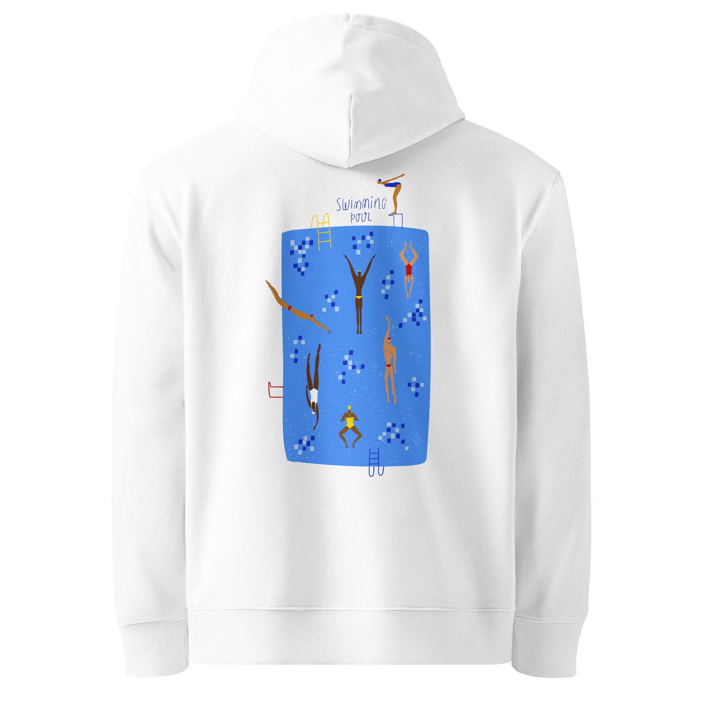 Organic hoodie white Lane Line Threads sweatshirt with blue swimming pool graphic and illustrated swimmers on the back