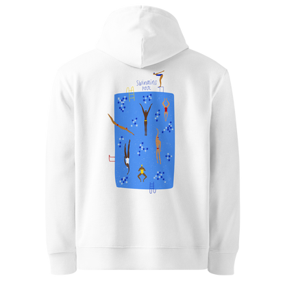 Organic hoodie white Lane Line Threads sweatshirt with blue swimming pool graphic and illustrated swimmers on the back