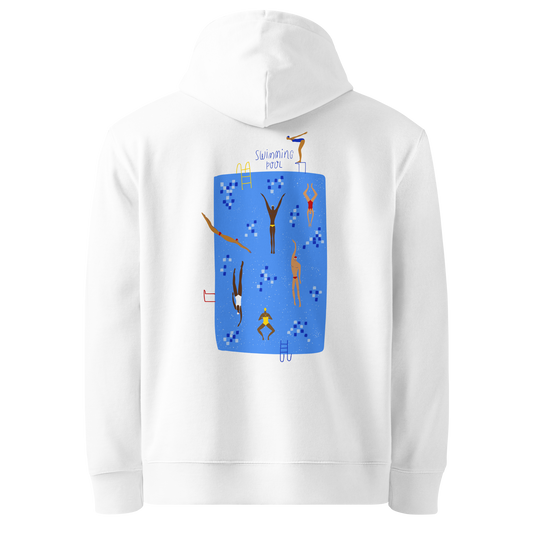 Organic hoodie white Lane Line Threads sweatshirt with blue swimming pool graphic and illustrated swimmers on the back
