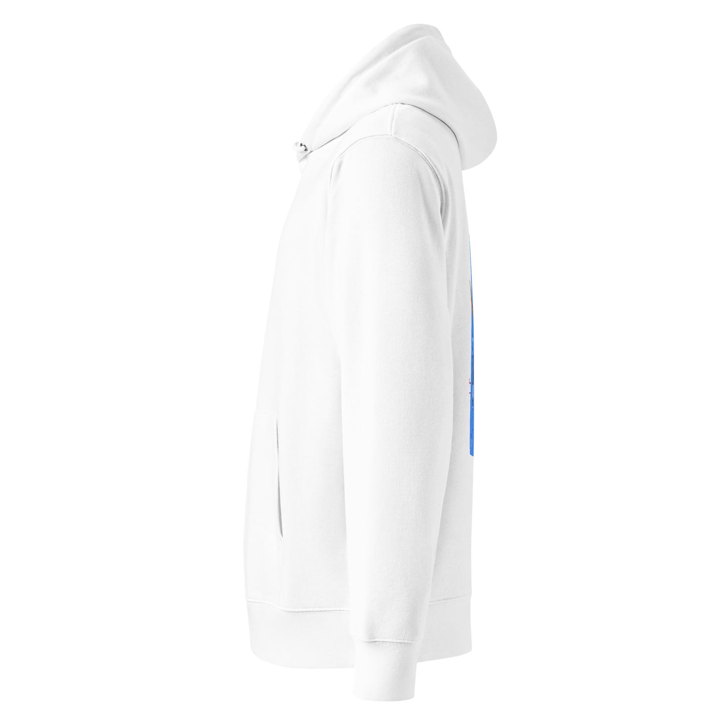 Organic hoodie white Lane Line Threads sweatshirt with blue swimming pool graphic and illustrated swimmers on the back shown from the left side