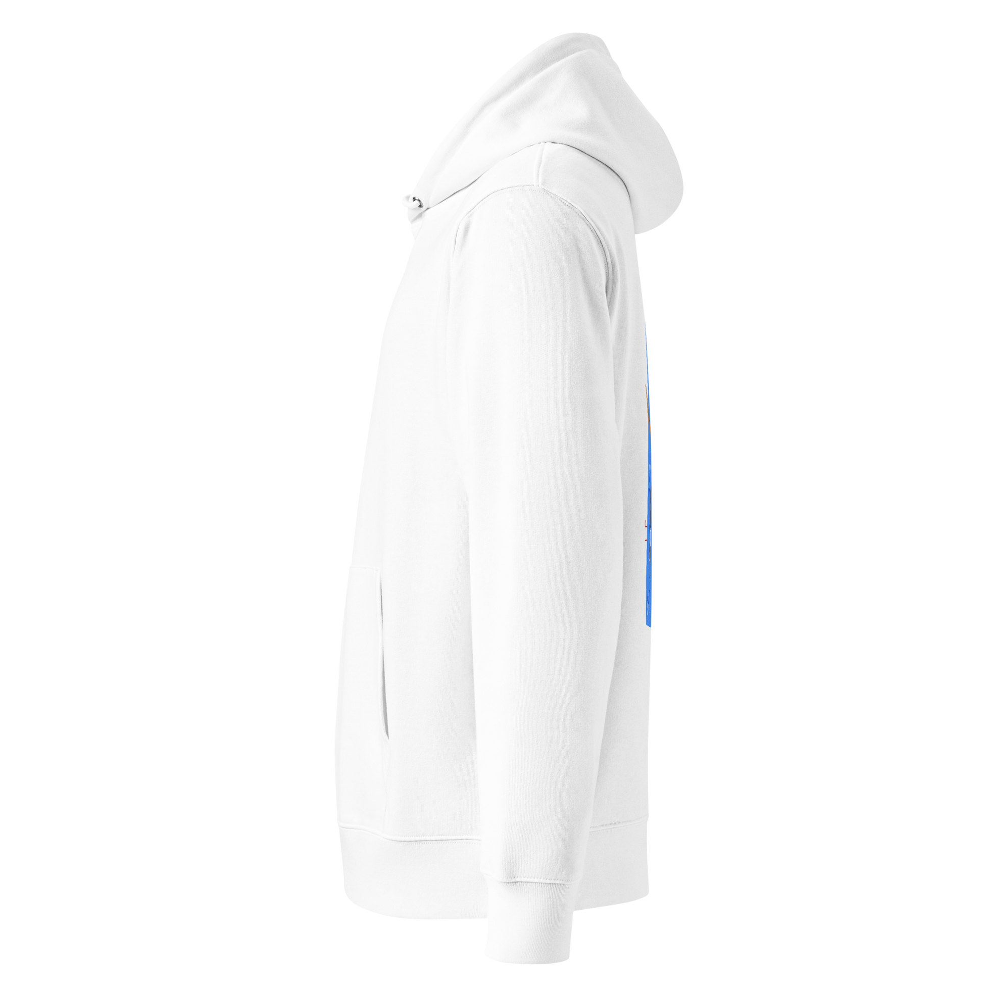 Organic hoodie white Lane Line Threads sweatshirt with blue swimming pool graphic and illustrated swimmers on the back shown from the left side