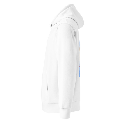 Organic hoodie white Lane Line Threads sweatshirt with blue swimming pool graphic and illustrated swimmers on the back shown from the left side