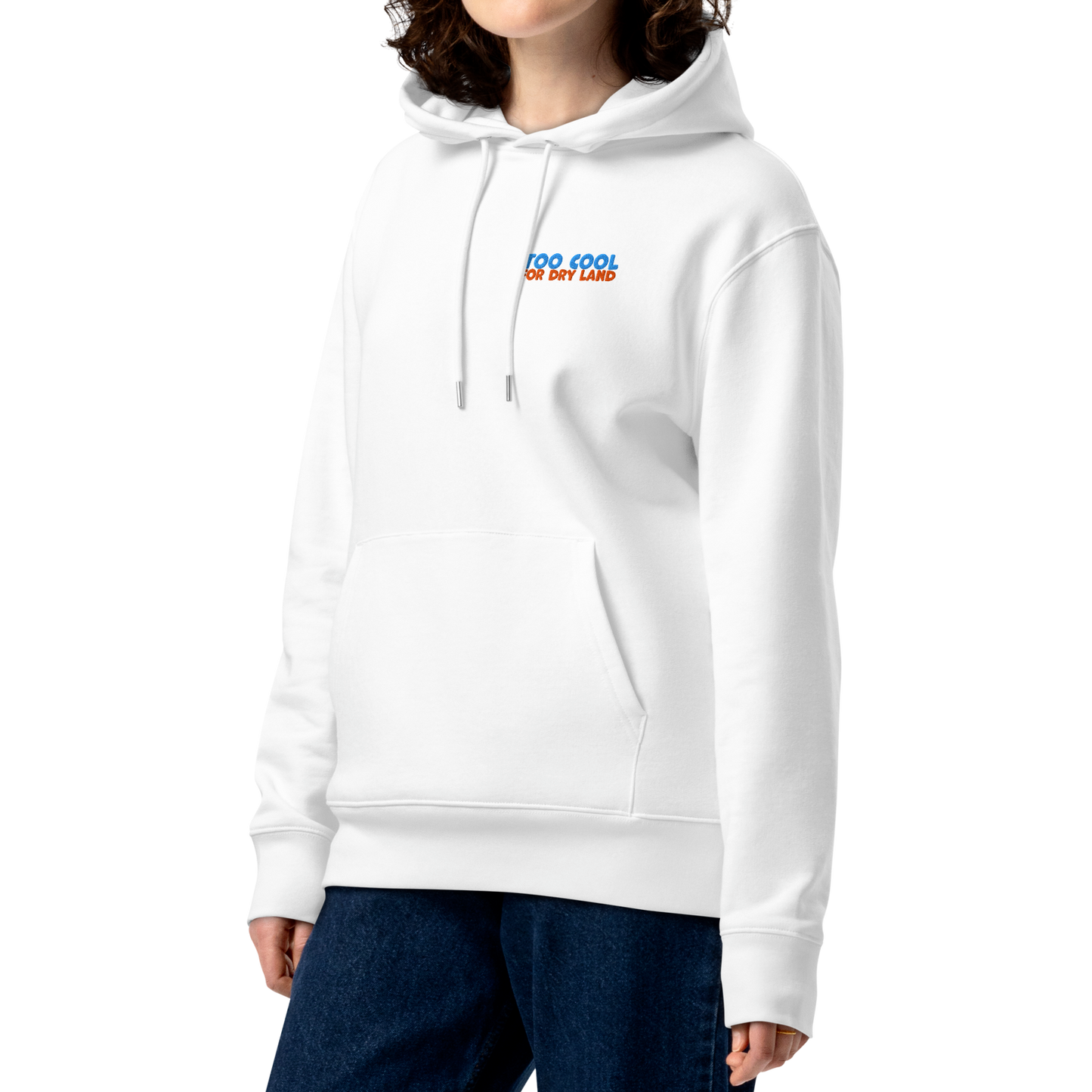 Female person wearing an organic hoodie in white with "Too Cool For Dry Land" embroidery in blue and orange, designed by Lane Line Threads for swimmer recovery and skin health.