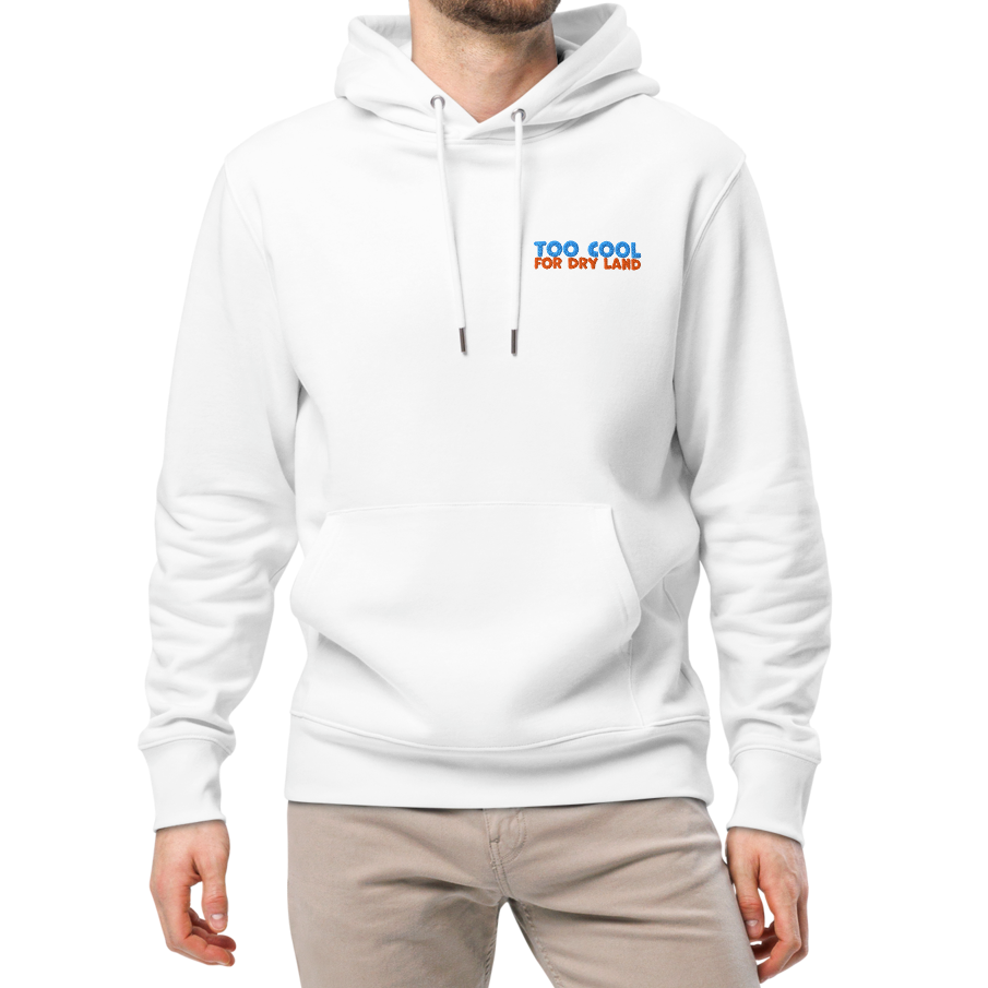 Man wearing an organic hoodie in white with "Too Cool For Dry Land" embroidery in blue and orange, designed by Lane Line Threads for swimmer recovery and skin health with beige pants on a white background