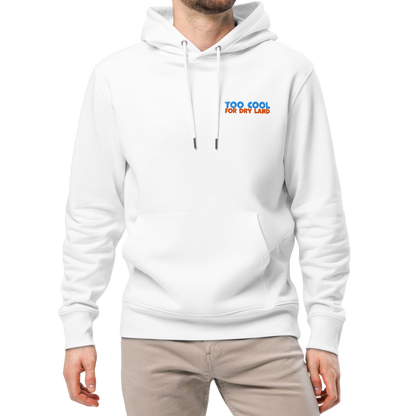Man wearing an organic hoodie in white with "Too Cool For Dry Land" embroidery in blue and orange, designed by Lane Line Threads for swimmer recovery and skin health with beige pants on a white background