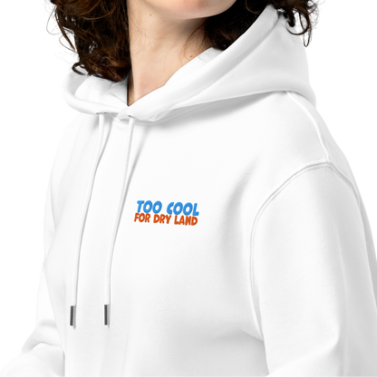 Female person wearing an organic hoodie in white with "Too Cool For Dry Land" embroidery in blue and orange, designed by Lane Line Threads for swimmer recovery and skin health.