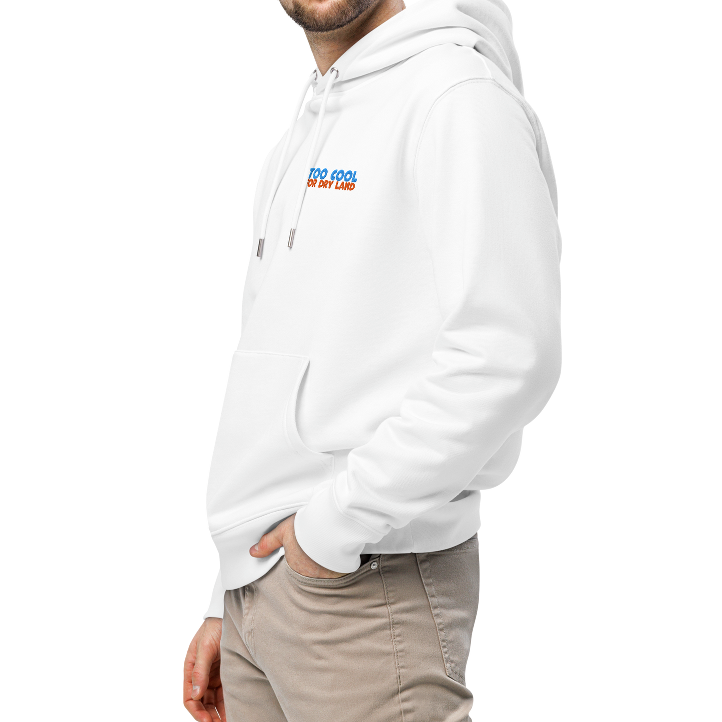 Man wearing an organic hoodie in white with "Too Cool For Dry Land" embroidery in blue and orange, designed by Lane Line Threads for swimmer recovery and skin healt