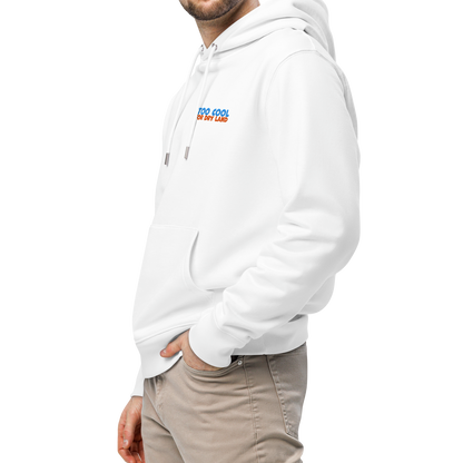 Man wearing an organic hoodie in white with "Too Cool For Dry Land" embroidery in blue and orange, designed by Lane Line Threads for swimmer recovery and skin healt
