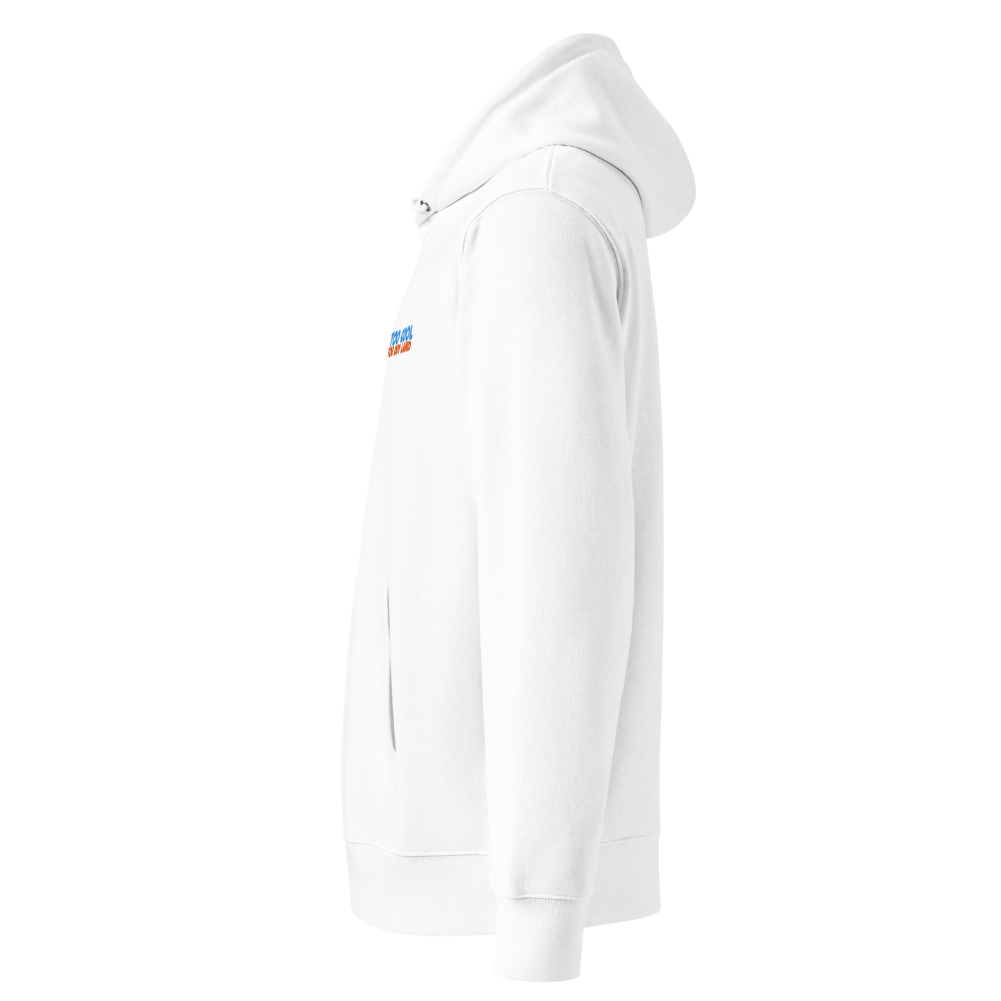 Organic hoodie in white with "Too Cool For Dry Land" embroidery in blue and orange, designed by Lane Line Threads for swimmer recovery and skin health showing from the left side