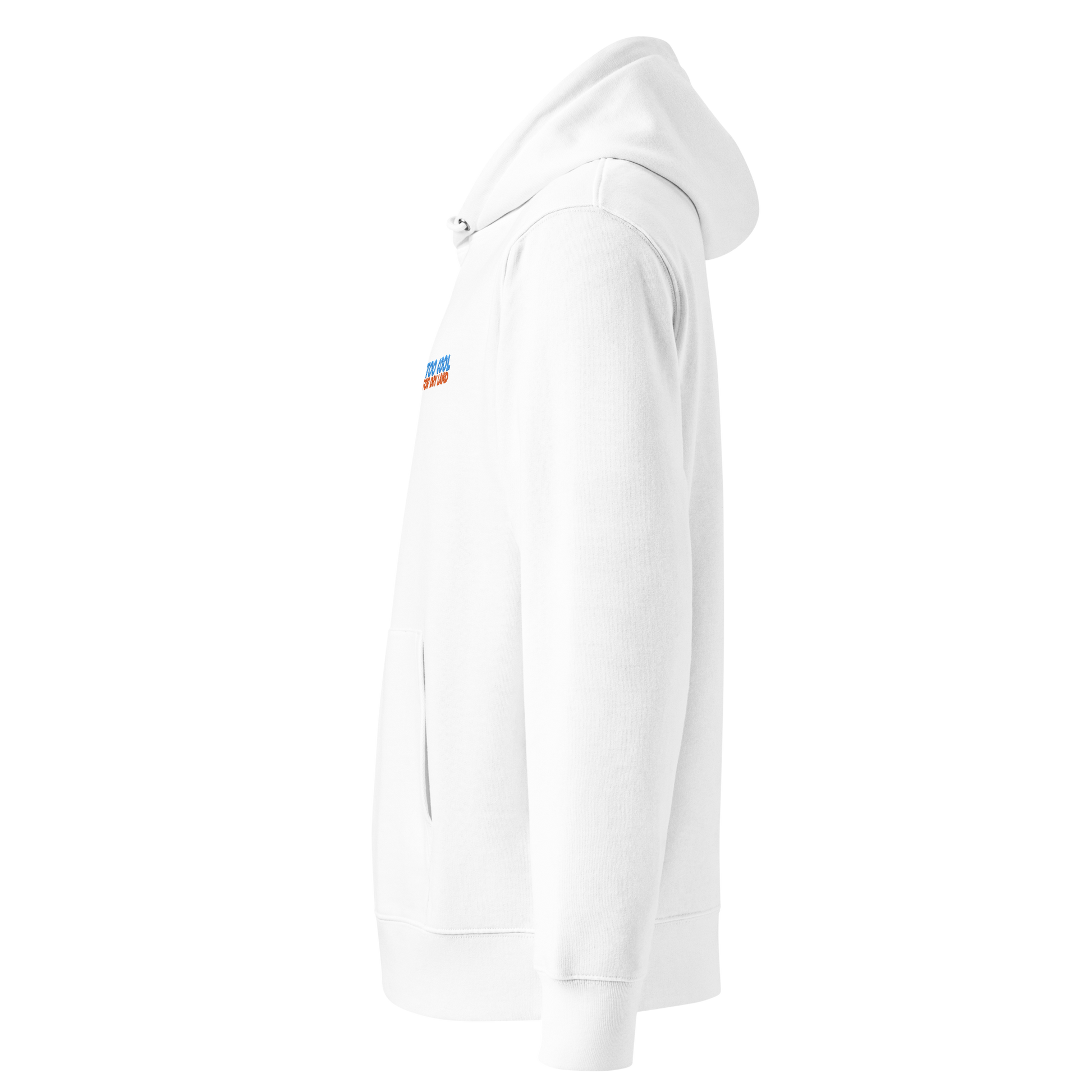Organic hoodie in white with "Too Cool For Dry Land" embroidery in blue and orange, designed by Lane Line Threads for swimmer recovery and skin health showing from the left side