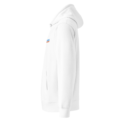 Organic hoodie in white with "Too Cool For Dry Land" embroidery in blue and orange, designed by Lane Line Threads for swimmer recovery and skin health showing from the left side