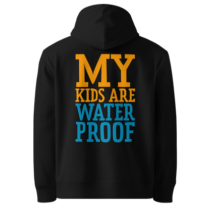 Organic hoodie for swim moms in black with "My Kids Are Waterproof" back design. GOTS certified for post-swim skin health by Lane Line Threads.