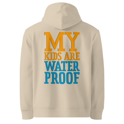 Organic hoodie for swim moms in beige with "My Kids Are Waterproof" back design. GOTS certified for post-swim skin health by Lane Line Threads.