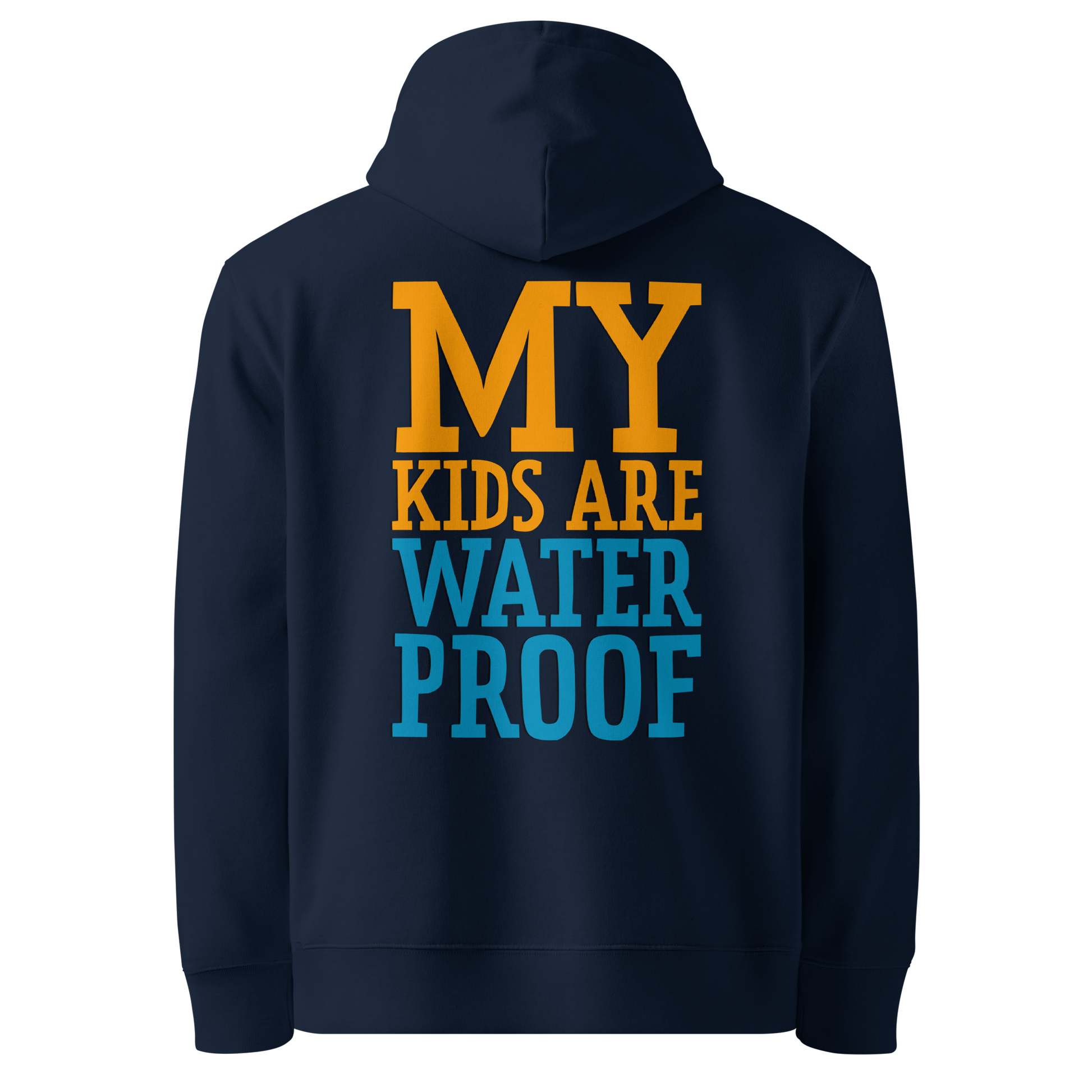 Organic hoodie for swim moms in navy blue with "My Kids Are Waterproof" back design. GOTS certified for post-swim skin health by Lane Line Threads.