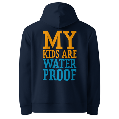 Organic hoodie for swim moms in navy blue with "My Kids Are Waterproof" back design. GOTS certified for post-swim skin health by Lane Line Threads.