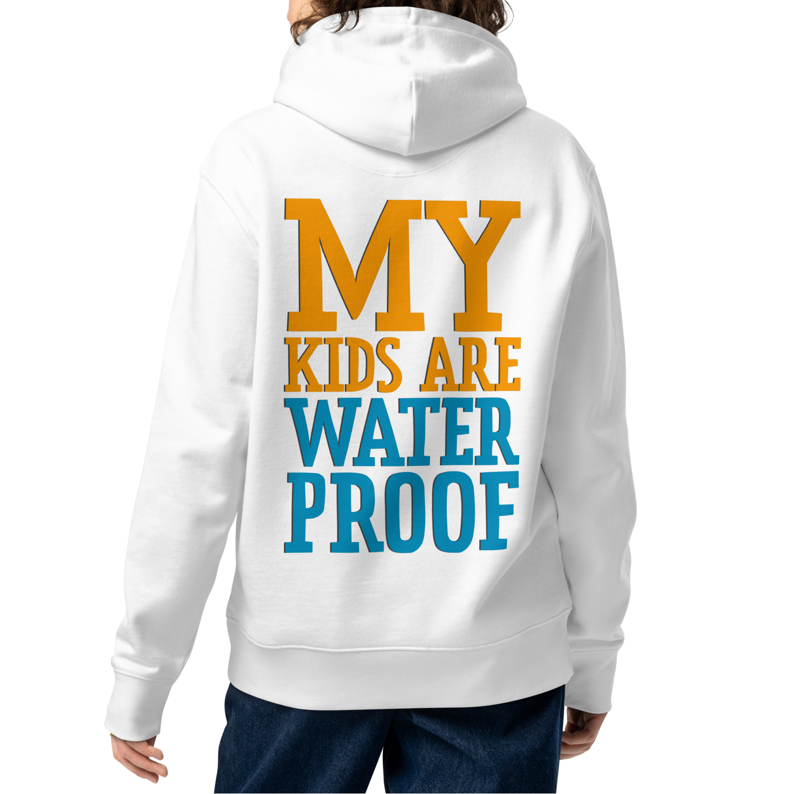 A woman shown from the back wearing an organic hoodie for swim moms in white with "My Kids Are Waterproof" back design. GOTS certified for post-swim skin health by Lane Line Threads.