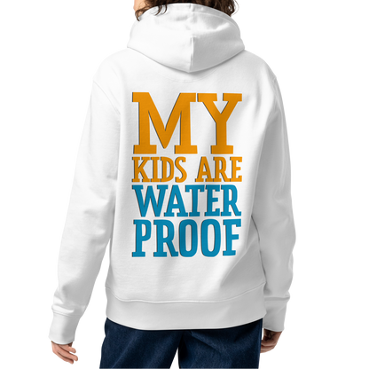 A woman shown from the back wearing an organic hoodie for swim moms in white with "My Kids Are Waterproof" back design. GOTS certified for post-swim skin health by Lane Line Threads.