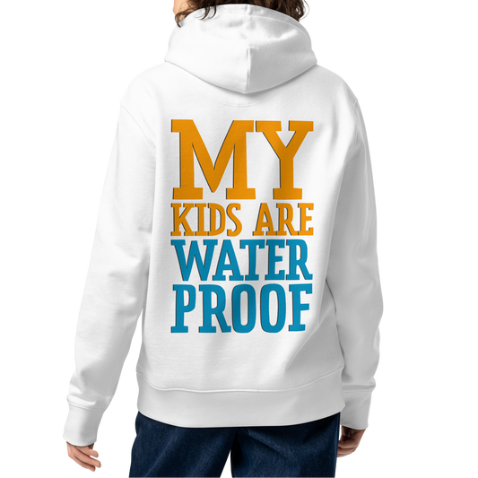 A woman shown from the back wearing an organic hoodie for swim moms in white with "My Kids Are Waterproof" back design. GOTS certified for post-swim skin health by Lane Line Threads.