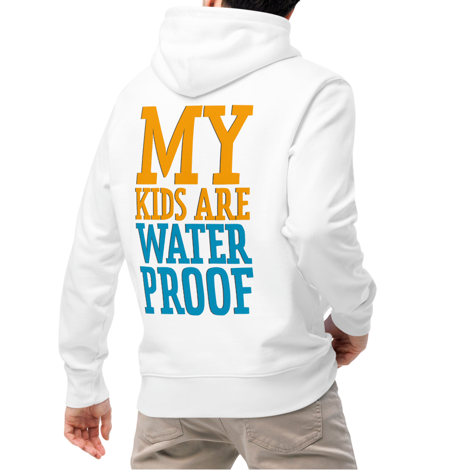 A man shown from the back wearing an organic hoodie for swim moms in white with "My Kids Are Waterproof" back design. GOTS certified for post-swim skin health by Lane Line Threads.