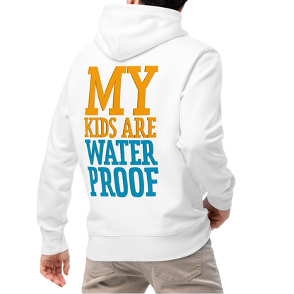 A man shown from the back wearing an organic hoodie for swim moms in white with "My Kids Are Waterproof" back design. GOTS certified for post-swim skin health by Lane Line Threads.