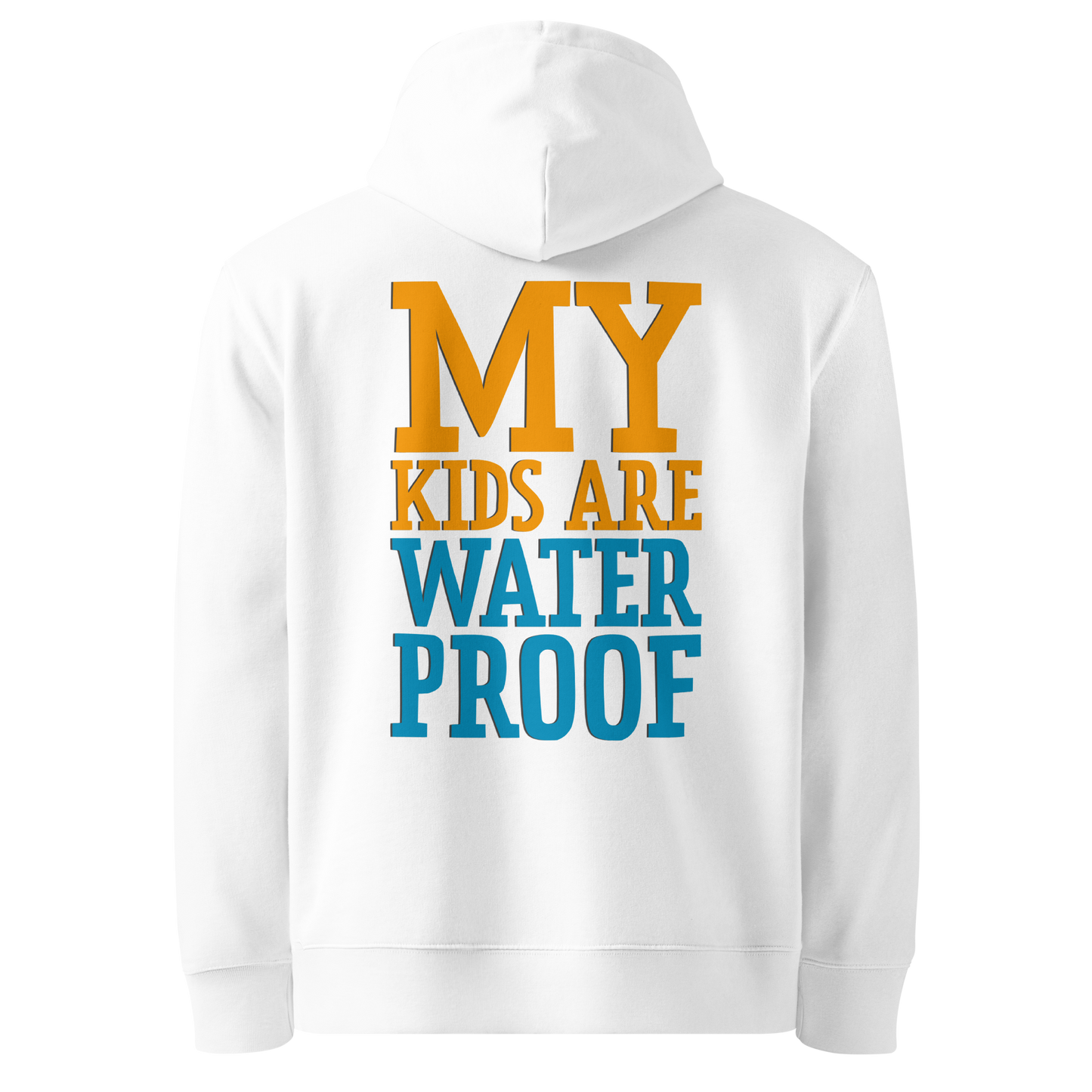 Organic hoodie for swim moms in white with "My Kids Are Waterproof" back design. GOTS certified for post-swim skin health by Lane Line Threads.