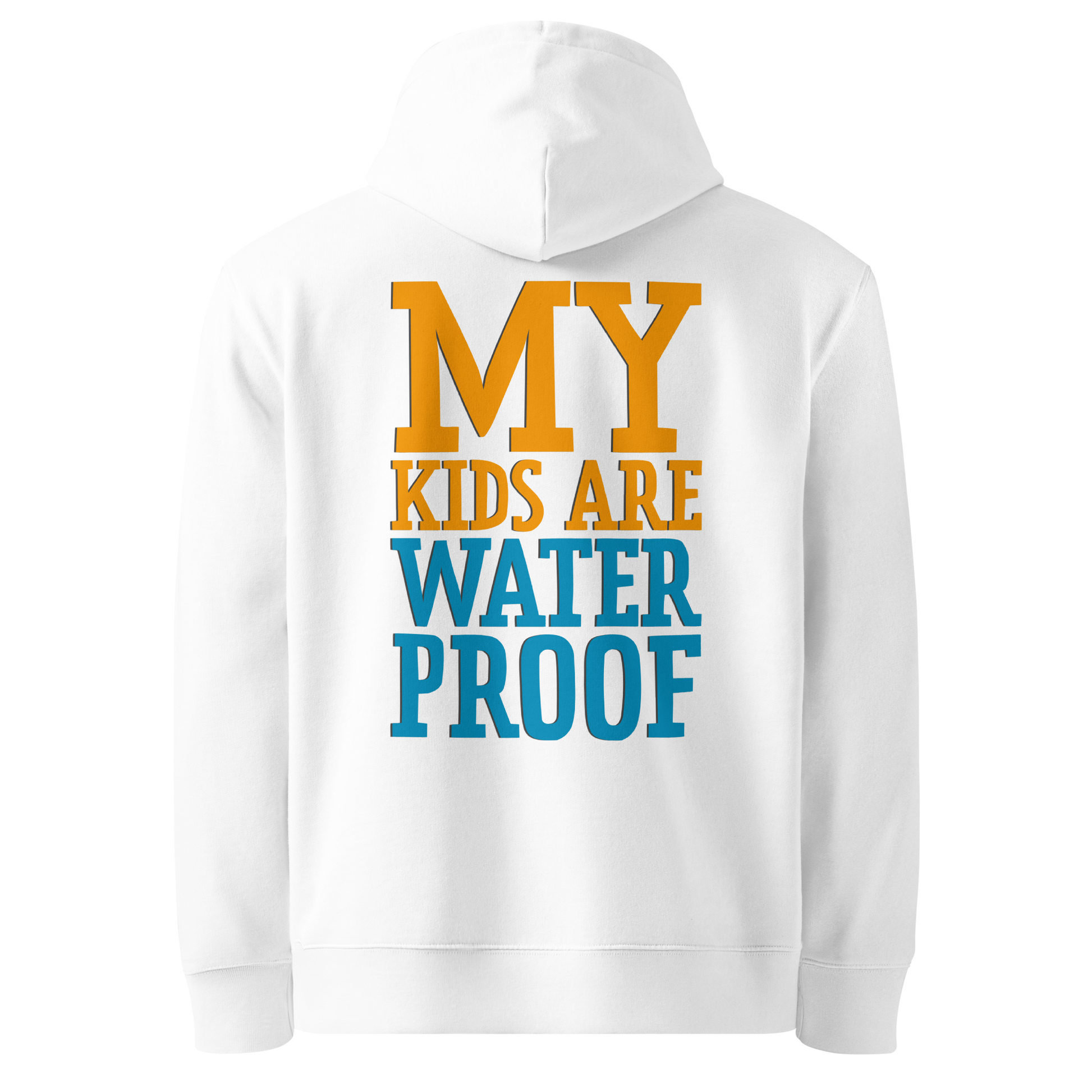 Organic hoodie for swim moms in white with "My Kids Are Waterproof" back design. GOTS certified for post-swim skin health by Lane Line Threads.