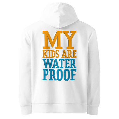 Organic hoodie for swim moms in white with "My Kids Are Waterproof" back design. GOTS certified for post-swim skin health by Lane Line Threads.