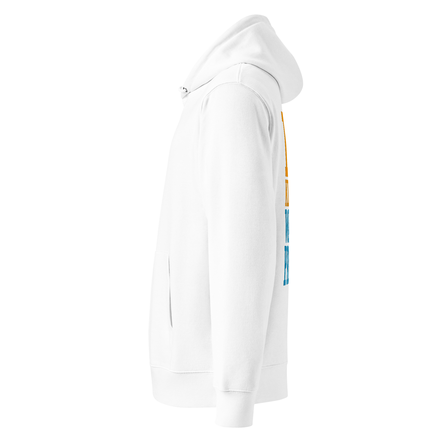 Organic hoodie for swim moms in white with "My Kids Are Waterproof" back design. GOTS certified for post-swim skin health by Lane Line Threads showed from the left side