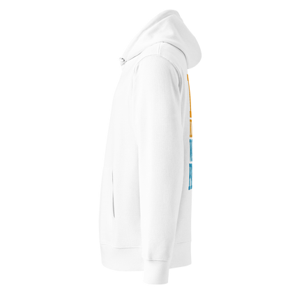 Organic hoodie for swim moms in white with "My Kids Are Waterproof" back design. GOTS certified for post-swim skin health by Lane Line Threads showed from the left side