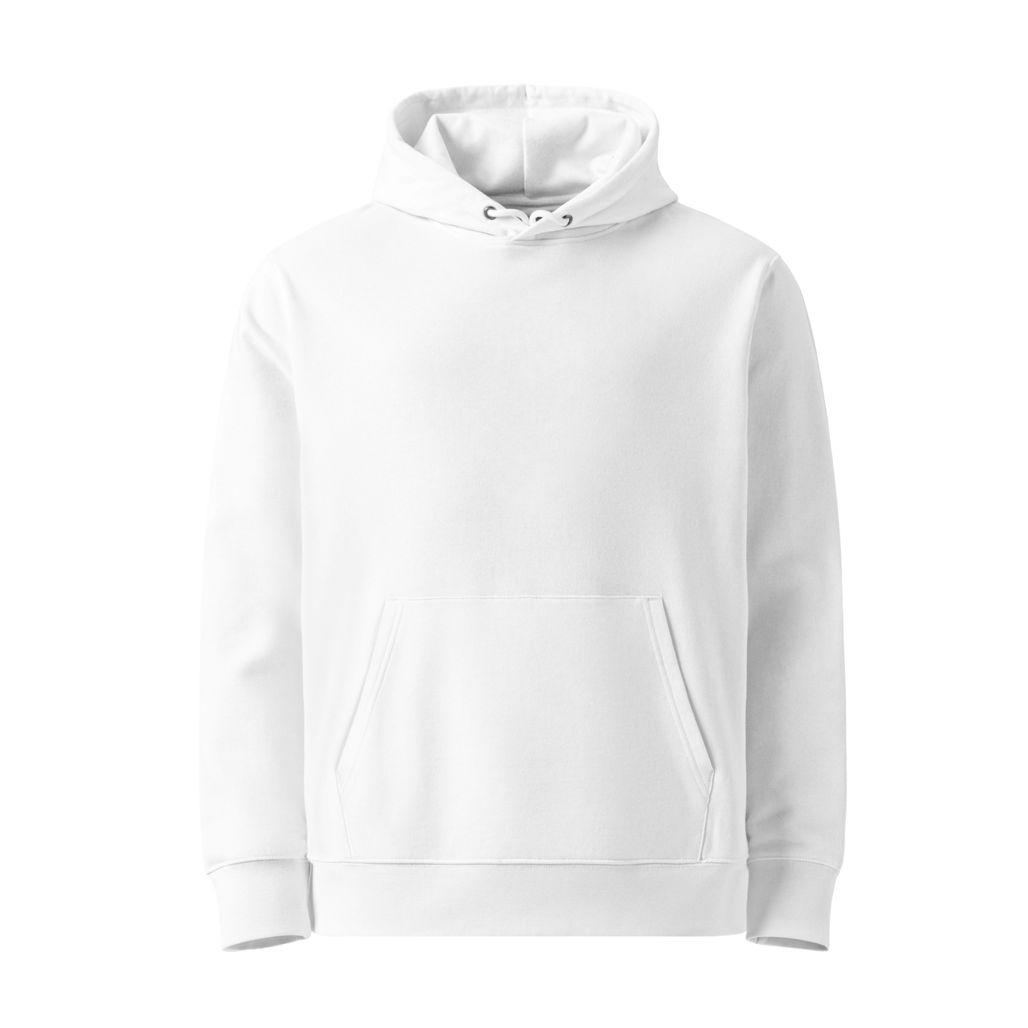 A plain white organic hoodie with a front kangaroo pocket and drawstring hood, shown on a clean white background.