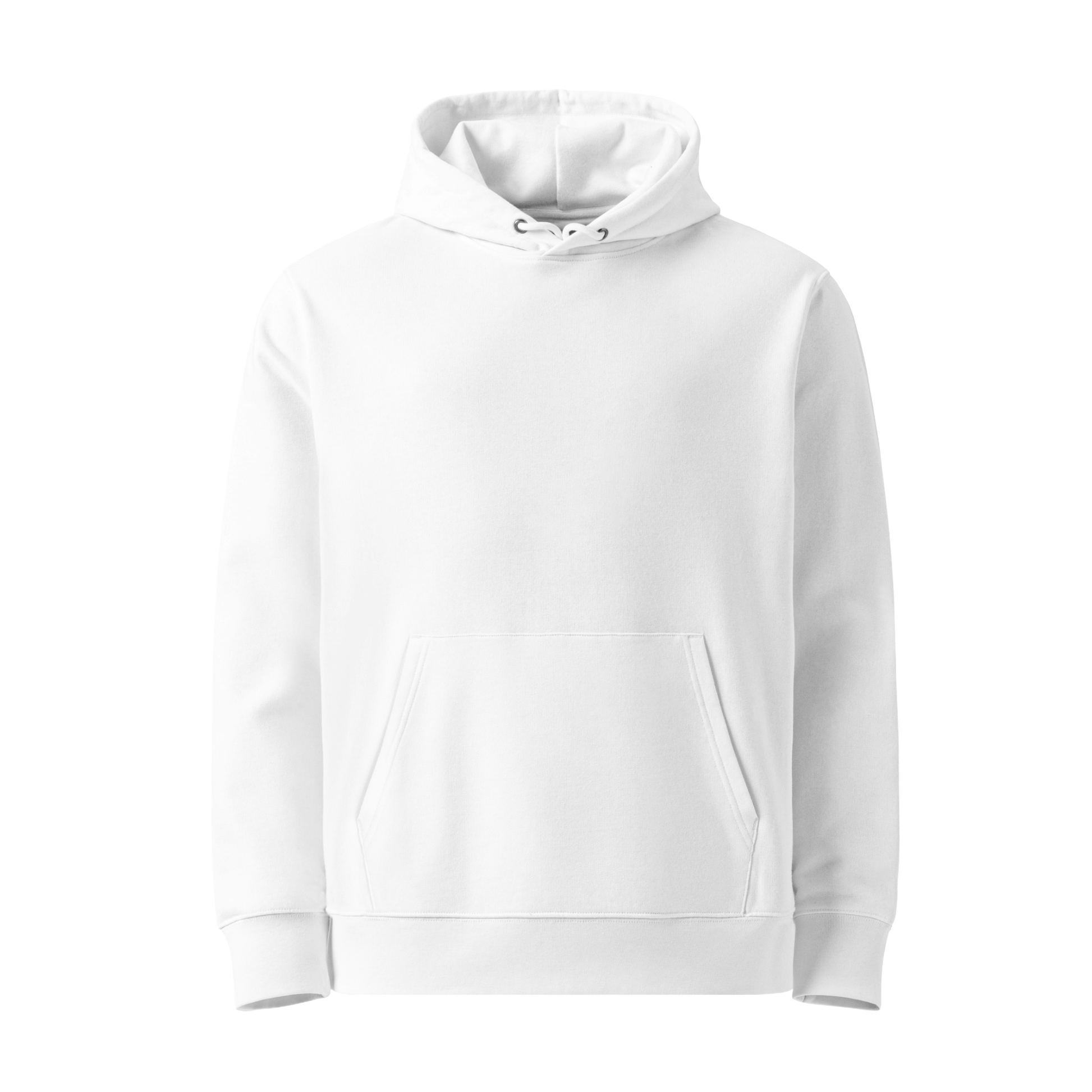 A plain white organic hoodie with a front kangaroo pocket and drawstring hood, shown on a clean white background.