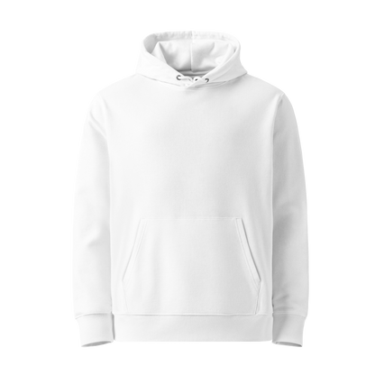 A plain white organic hoodie with a front kangaroo pocket and drawstring hood, shown on a clean white background.