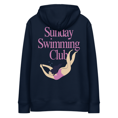 Organic hoodie navy-blue women's Lane Line Threads sweatshirt with Sunday Swimming Club text and illustration of female swimmer on the back