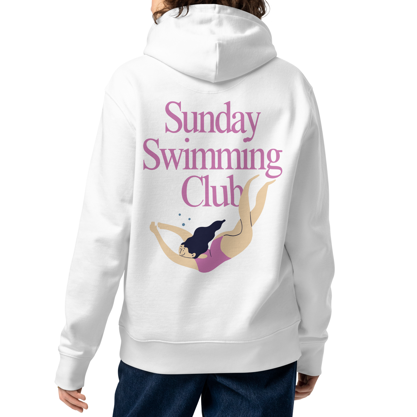 A person shown from the back wearing an organic hoodie white women's Lane Line Threads sweatshirt with Sunday Swimming Club text and illustration of female swimmer on the back