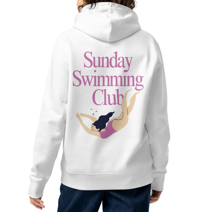 A person shown from the back wearing an organic hoodie white women's Lane Line Threads sweatshirt with Sunday Swimming Club text and illustration of female swimmer on the back