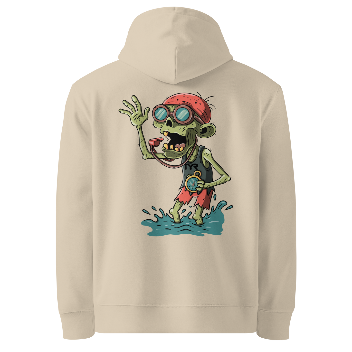 organic hoodie in beige by Lane Line Threads with Halloween zombie swimmer graphic, goggles, swim cap, whistle, and water splash design, made for swimmers' skin health
