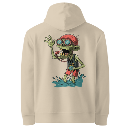 organic hoodie in beige by Lane Line Threads with Halloween zombie swimmer graphic, goggles, swim cap, whistle, and water splash design, made for swimmers' skin health