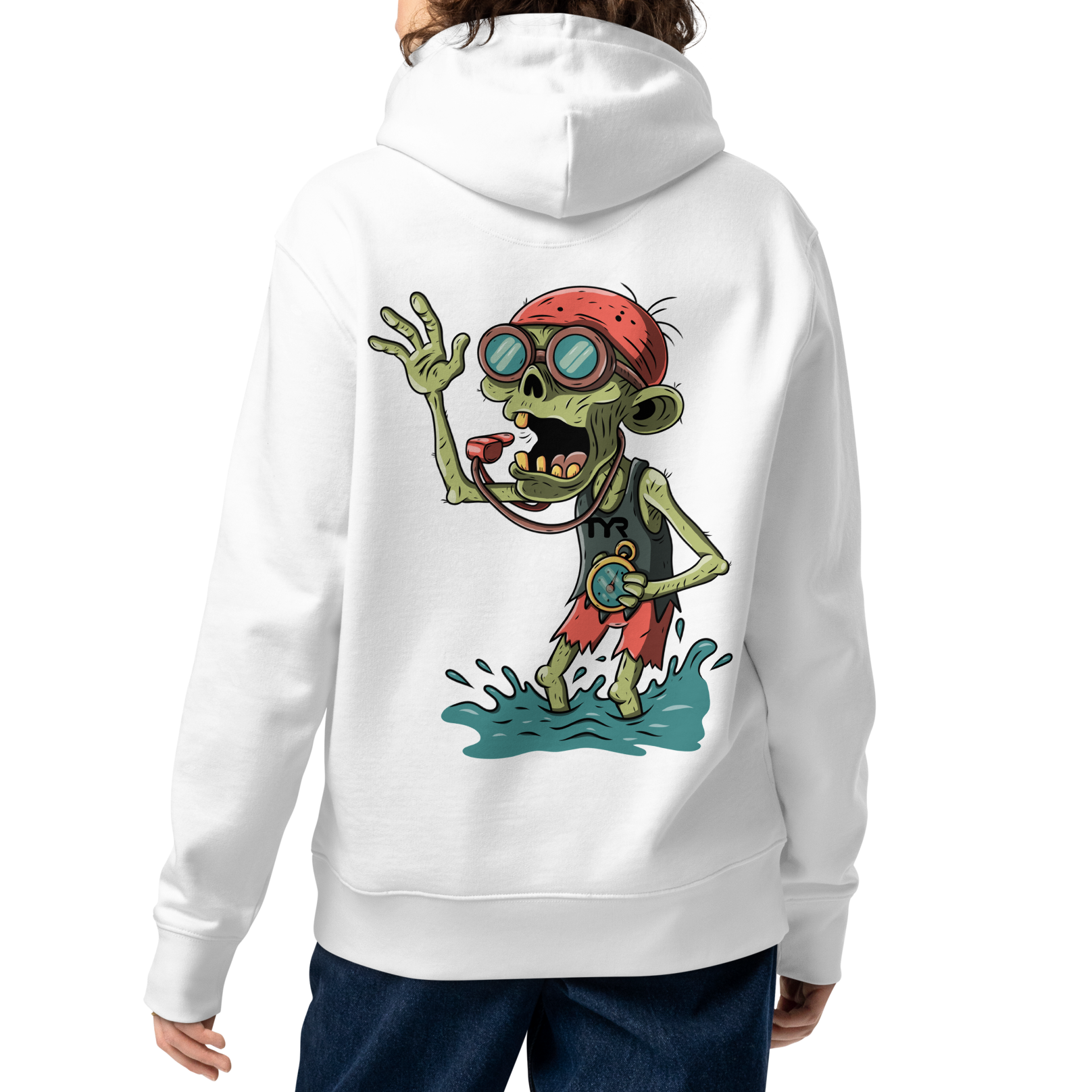 A woman model shown from the back wearing an organic hoodie in white by Lane Line Threads with Halloween zombie swimmer graphic, goggles, swim cap, whistle, and water splash design, made for swimmers' skin health