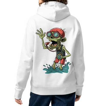 A woman model shown from the back wearing an organic hoodie in white by Lane Line Threads with Halloween zombie swimmer graphic, goggles, swim cap, whistle, and water splash design, made for swimmers' skin health