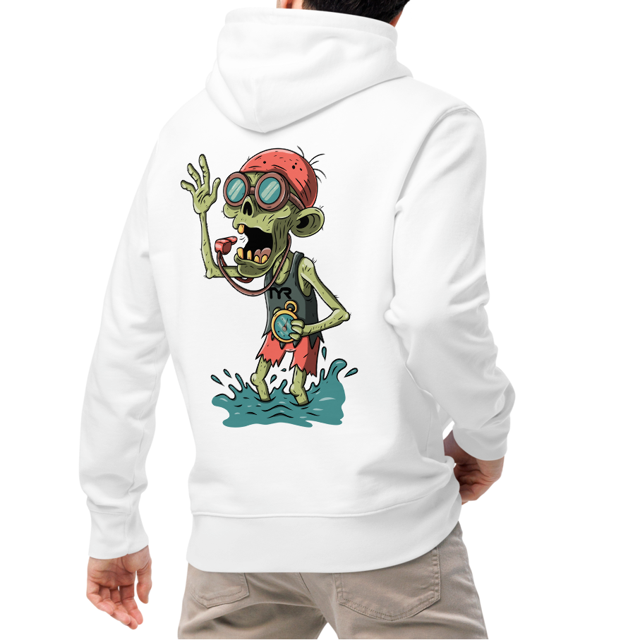 Person wearing an organic hoodie in white by Lane Line Threads with Halloween zombie swimmer graphic, goggles, swim cap, whistle, and water splash design, made for swimmers' skin health, shown from back.