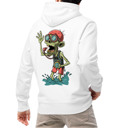 Person wearing an organic hoodie in white by Lane Line Threads with Halloween zombie swimmer graphic, goggles, swim cap, whistle, and water splash design, made for swimmers' skin health, shown from back.