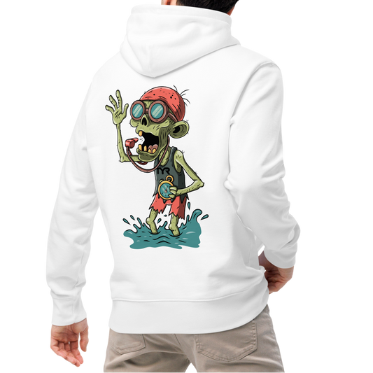 Person wearing an organic hoodie in white by Lane Line Threads with Halloween zombie swimmer graphic, goggles, swim cap, whistle, and water splash design, made for swimmers' skin health, shown from back.